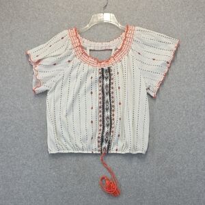 Almost Famous XL Boho Peasant Top White Orange Embroidered Tassel Blouse